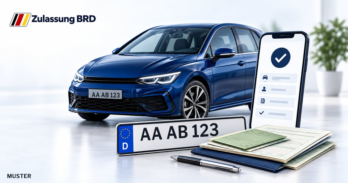 Online Fahrzeugzulassung in Aalen: Musterkennzeichen AA AB 123, Auto und Fahrzeugpapiere und Smartphone. Illustration mit Logo von Zulassung BRD.